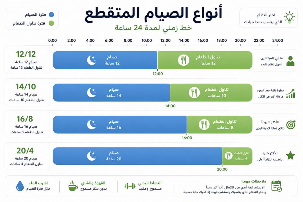 أشهر أنواع الصيام المتقطع (اختر ما يناسب يومك)