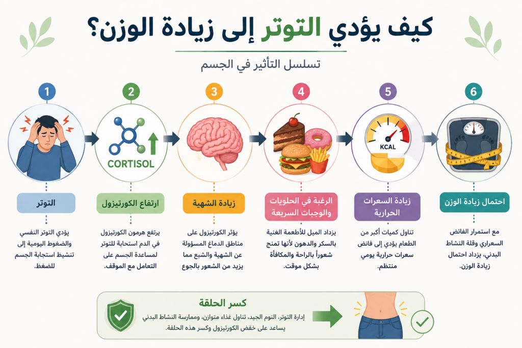 التوتر → ارتفاع الكورتيزول → زيادة الشهية → الرغبة في الحلويات والوجبات السريعة → زيادة السعرات الحرارية → احتمال زيادة الوزن.