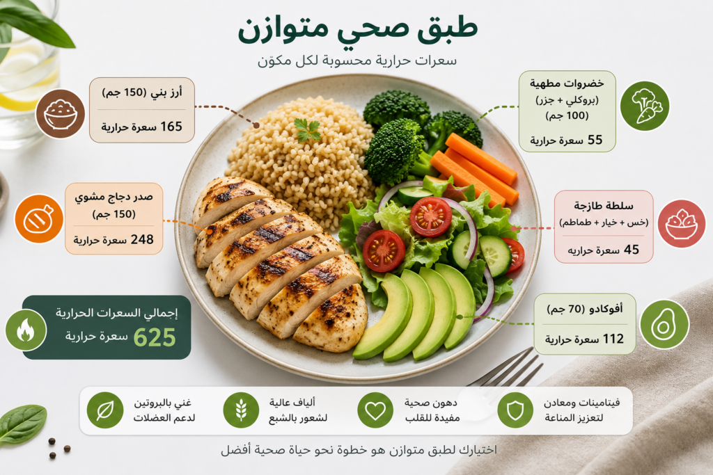 طبق صحي متوازن يحتوي على صدر دجاج مشوي، أرز بني، خضروات طازجة، وأفوكادو، مع عناصر رسومية توضح عدد السعرات الحرارية لكل مكوّن.