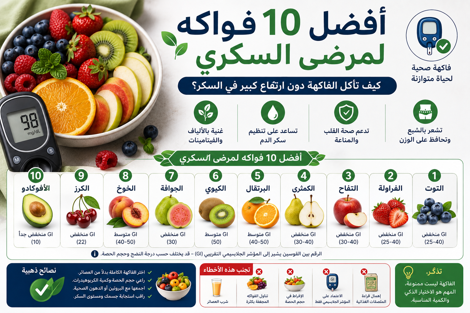 أفضل 10 فواكه لمرضى السكري