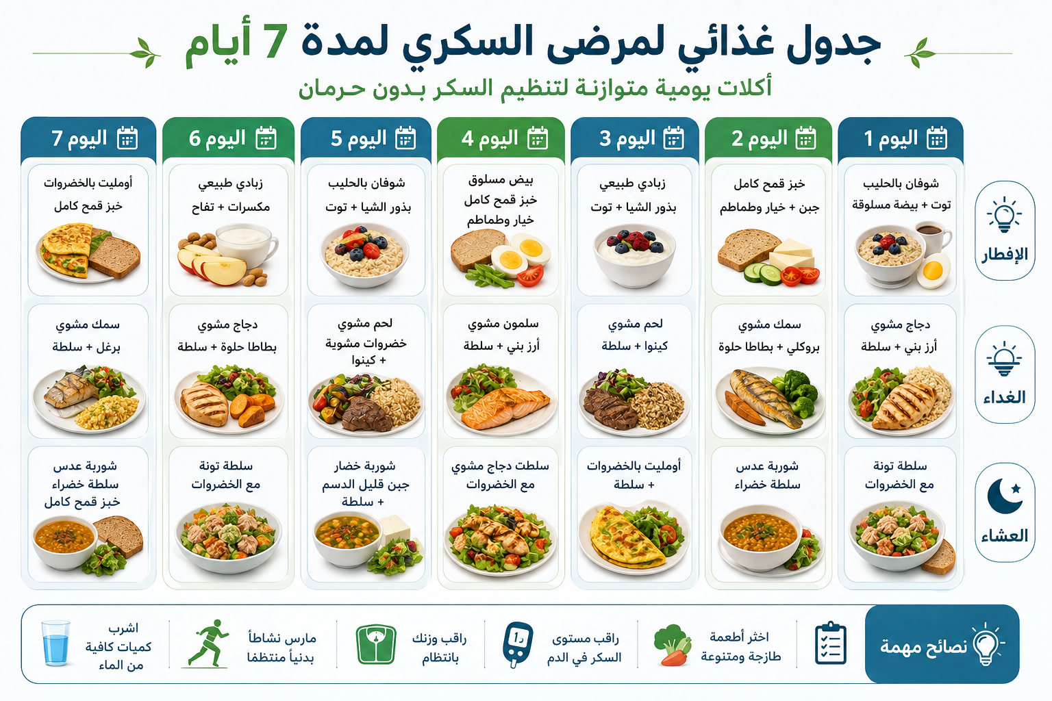 جدول غذائي لمرضى السكري لمدة 7 أيام